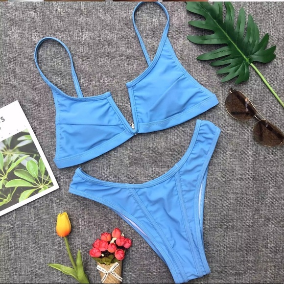 CLEARANCE Blue V Neck Cheeky Bikini Swimsuit - Picture 2 of 3